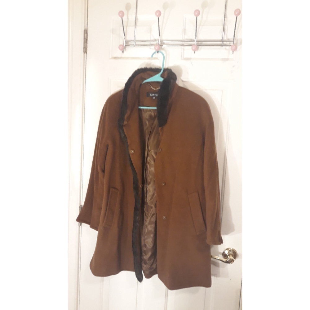 Ellen Tracy brown wool coat w black faux fur trim